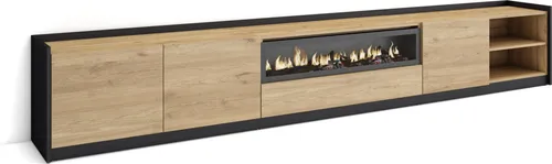 TV-Schrank Lowboard mit Elektrokamin, 310x37x50cm für TV bis 80" - Stylisches TV-Modul in Eiche Schwarz mit Klapptüren und großzügigem Stauraum. Der integrierte Elektrokamin bietet einen beeindruckenden 3D-Feuereffekt für gemütliche Abende – ganz ohne Verbrennungsgefahr.