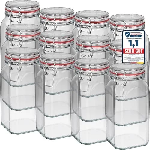 Wellgro Vorratsglas Einmachgläser mit Bügelverschluss eckig (12-tlg) - Vorratsgläser mit Bügelverschluss, luftdicht und ideal für die stilvolle Aufbewahrung von Lebensmitteln wie Marmelade, Müsli oder Kräutern. Umweltfreundlich und aus robustem Glas – für maximale Frische!