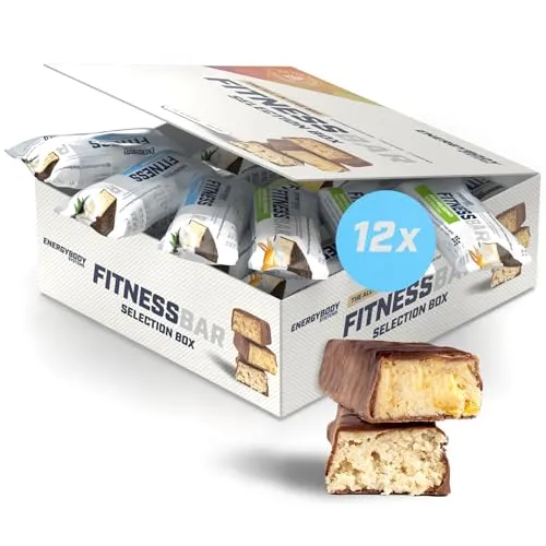 Energybody Systems Fitness Bar Selection Box – 12 Proteinriegel à 35 g - Praktische Box mit 12 Proteinriegeln (2 Geschmäcker) à 35 g. Ideal für unterwegs – der leckere Snack für mehr Energie beim Sport. Genieß die Kombination aus Geschmack und Nährstoffen!