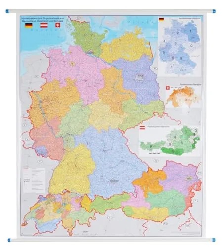 Deutschland-Österreich-Schweiz Postleitzahlen- und Organisationskarte: Wandkarte/Poster NEUE AUFLAGE