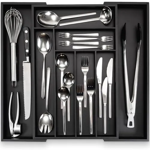 budu Besteckkasten #45 (Tiefe 45cm) aus Bambus - Schwarz - Schubladen Ordnungssystem für die Küche - Besteckkasten für Schubladen aus Bambus - Ausziehbar - Kitchen drawer organizer - Kitchen organizer