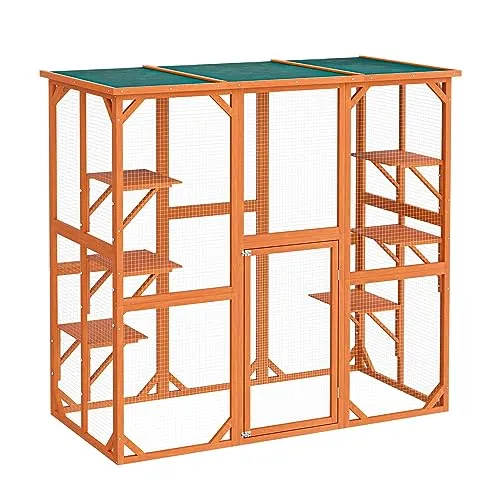 Wiltec Freilaufgehege für Katzen 168 x 82 x 166,5 cm - Laufgitter für Katzen, wetterfestes Katzengehege mit robustem Bitumen-Dach und 6 geräumigen Liegeflächen für sicheres Freiluftvergnügen.