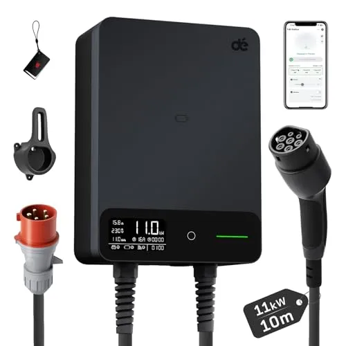 dé Wallbox 11kW Typ 2 mit APP & RFID, 10m Kabel - Wallboxen für Elektrofahrzeuge, 3x schnellere Ladegeschwindigkeit mit 11kW, ideal für Zuhause, inklusive intelligenter App-Steuerung und umfassendem Sicherheitsschutz