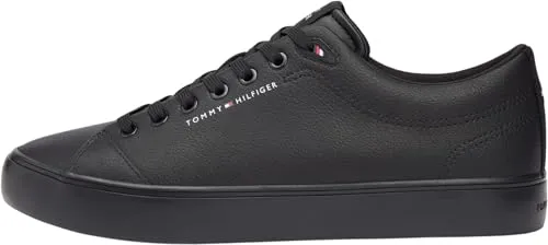 Tommy Hilfiger Herren Core Low Top Leder Sneaker - Vulkanisierte Gummi-Außensohle, Black Triple Black, 41 EU - Stylische Sneaker aus hochwertiger Ledermischung mit vulkanisierter Gummi-Außensohle. Ideal für den trendbewussten Alltag, bieten sie Komfort und ein modernes Design.