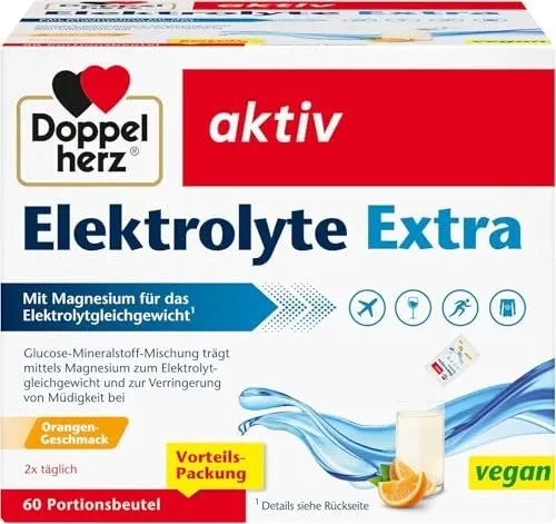 Doppelherz Elektrolyte Extra - Magnesium für das Elektrolytgleichgewicht - VEGAN - 60 Portionsbeutel - Ergänzung für aktive Zeiten: Doppelherz Elektrolyte Extra unterstützt den Flüssigkeitshaushalt mit einer ausgewogenen Mischung aus Glucose und Mineralstoffen. Ideal für Sport und Reisen, vegan und lecker im Orangengeschmack.