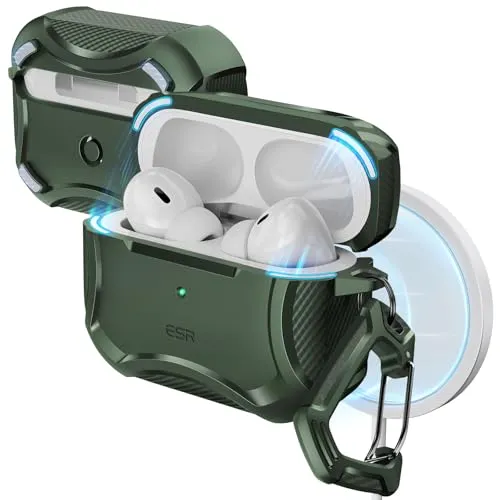 ESR für AirPods Pro 2 Hülle (2023/2022/2019), Cyber Armor Panzer für AirPods Pro 2./1. Generation(USB-C/Lightning Kabel), MagSafe Ready, Starker Sturzschutz, Magnetischer Deckel, Grün