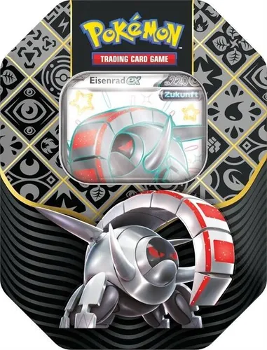 Pokémon Sammelkartenspiel Tin-Box Karmesin Purpur Paldeas Schicksale - exklusive Riesenzahn-ex holografische Promokarte, 4 Boosterpacks und praktische Aufbewahrungslösung