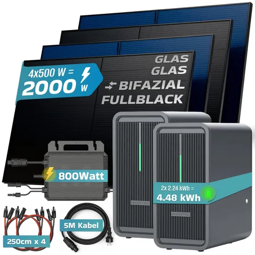 SUNNIVA Balkonkraftwerk 2000W mit 2 Marstek B2500-D - Effizientes Balkonkraftwerk mit 2.000 W Leistung und 2 Solarspeichern (4,48 kWh). Bifaziale Solarmodule für höhere Energieausbeute und vielseitige Anwendung auf Balkon, Dach oder Terrasse.