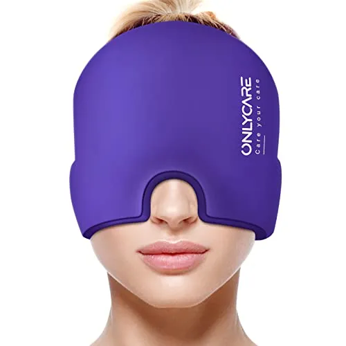 ONLYCARE Migräne Maske, Upgraded Kühlmaske Schlafmaske Kühlmütze Kühlhaube 360° Gel Surround kühlpads zur Linderung von Migräne, Kopfschmerzen, Druck (Lila)