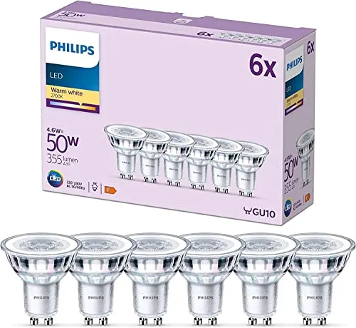 Philips LED Classic GU10 Lampen 6-er Pack - LED Birnen mit warmweißem Licht, 90% Energieeinsparung und bis zu 15.000 Stunden Lebensdauer – ideal für eine gemütliche Atmosphäre in jedem Raum.