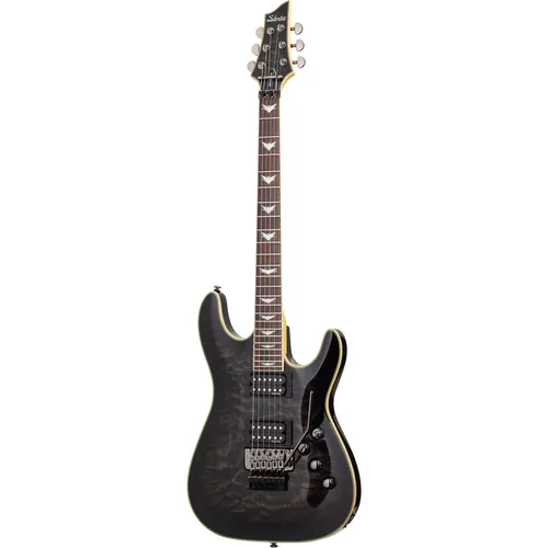 Schecter Omen Extreme-FR E-Gitarre in See-Thru Black - Die Schecter Omen Extreme-FR E-Gitarre überzeugt mit ihrem stilvollen Design und hochwertigen Komponenten. Ideal für Rock- und Metal-Liebhaber, bietet sie herausragende Klangeigenschaften und ein präzises Tremolo-System.
