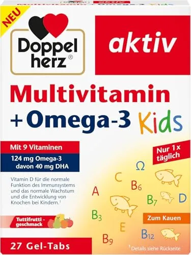 Doppelherz Multivitamin + Omega-3 Kids - 9 Vitamine plus Omega-3-Fettsäuren aus Seefischöl - 27 Gel-Tabs mit Tuttifrutti-Geschmack
