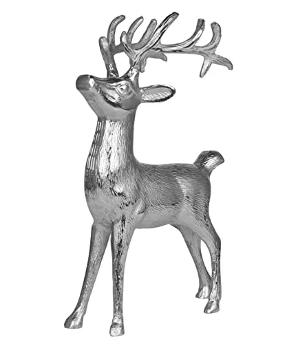 MichaelNoll Hirsch Dekoration - Stehend - Elegante Silberfigur für dein Zuhause - Sammlerfigur aus hochwertigem Aluminium, 38 cm hoch, perfekt für ganzjährige Dekoration und ein echter Hingucker in jedem Raum.