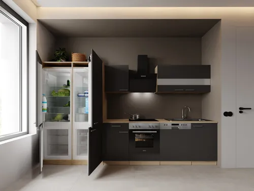 Einbauküche Merle 340 cm in Grau mit French-Door-Design - Moderne Küchenzeile in Grau mit 340 cm Breite und ergonomischer Arbeitshöhe. Flexibel montierbar, inklusive Soft-Close Technik und eleganter Edelstahlspüle für optimalen Komfort in der Küche.