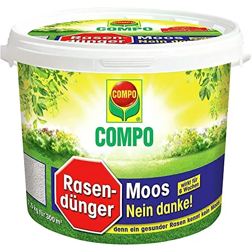 Compo Rasendünger Moos - Nein Danke! 7,5 kg - Mineralischer Dünger für strapazierten Rasen, ideal zur Regeneration und Kräftigung dank schnell verfügbarer Nährstoffe, wirkt 6 Wochen lang.