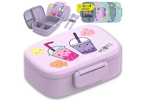 BEARFOOT Lunchbox Brotdose für Kinder - BubbleTea lila - Lunchboxen mit 3 Fächern, auslaufsicher und mikrowellengeeignet, ideal für Kindergarten und Schule, inkl. Besteck.