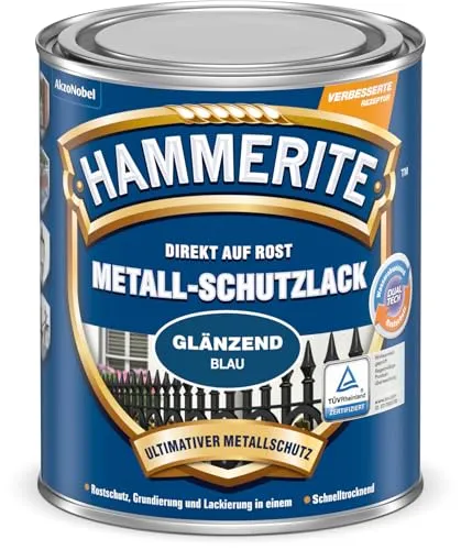 Hammerite Metallschutzlack Glänzend, Blau, 750 ml - Metallfarben, direkt auf Rost anwendbar, bietet 3in1 Schutz und hohe Witterungsbeständigkeit für langlebigen Rostschutz.