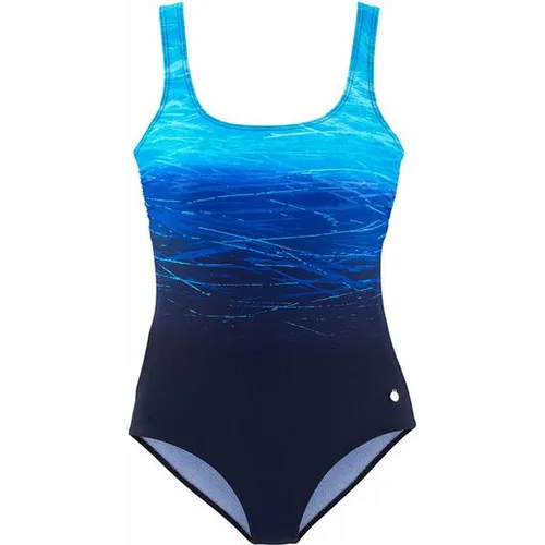 Badeanzug LASCANA Damen Gr. 44, Cup B - Blau mit Farbverlauf - Bademode mit modischem Farbverlauf und Shaping-Effekt für eine schlanke Silhouette. Stylische Rückenlösung mit gekreuzten Bändern und integrierten Softcups für optimalen Halt.