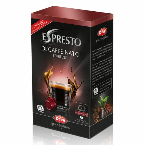 K-Fee Espresto Espresso Decaffeinato Intensität 7 – Kaffeekapseln - Koffeinfreier Espresso mit intensiven Aromen, ideal für genussvolle Momente. Kompatibel mit Cafissimo-Systemen und perfekt für den täglichen Kaffeegenuss.