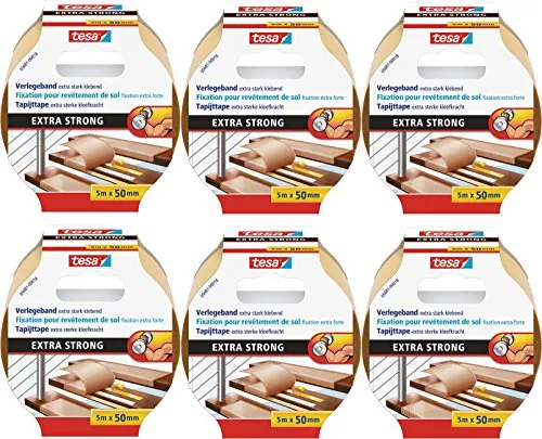 tesa 6 Stück doppelseitiges Verlegeband/Extra stark klebend - für alle Teppiche und PVC Beläge/Für Fußbodenheizung und feuchte Räume geeignet / 50mm x 5m