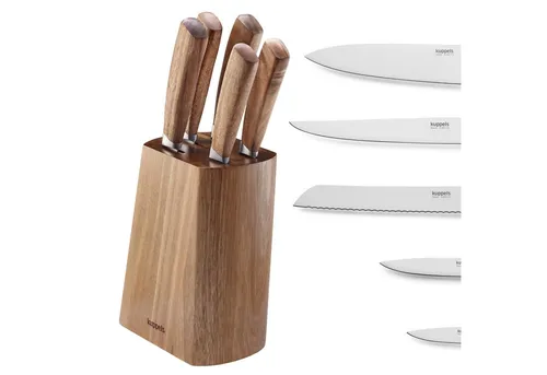 Kuppels Messerblock WOOD (5tlg) – Stilvoller Akazienholzblock mit 5 hochwertigen Messern - Küchenmesser-Set mit 5 verschiedenen Messern, ergonomische Akazienholzgriffe und platzsparendes Design – ideal für jede moderne Küche.