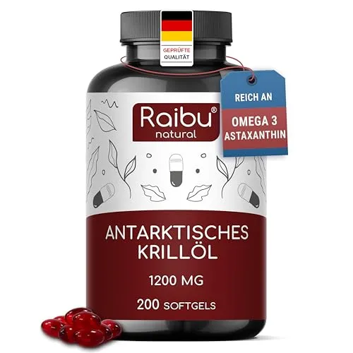 Krillöl 1.200 mg - 200 Weichkapseln für bewusste Ernährung - Reich an Omega-3, -6, -9 und Astaxanthin, bietet dieser Vorrat von 200 Kapseln eine praktische Lösung für den täglichen Bedarf. Frei von Allergenen und ohne Fischgeschmack, ideal für empfindliche Personen.