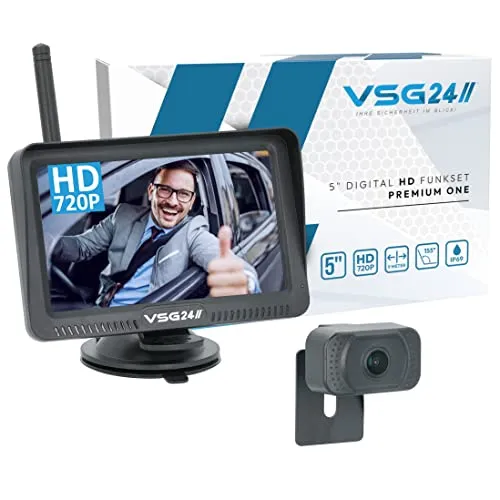 VSG24 5“ HD Funk Rückfahrsystem Premium ONE für PKW - Rückfahrkamera Set kabellos mit 5" HD Monitor, ideal zum Nachrüsten für PKW. Stabile Bildübertragung und Nachtsicht für sicheres Parken ohne Stress.