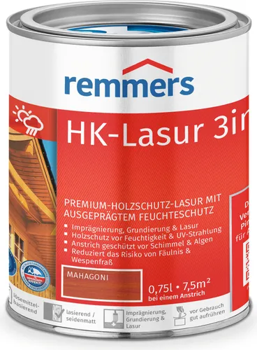 Remmers HK-Lasur mahagoni, 0,75 Liter – 3-in-1 Holzschutz - Beizen – Exzellente Holzlasur für Außen mit Imprägnierung, Grundierung und Lasur in einem. Bietet optimalen Feuchtigkeits- und UV-Schutz für Zäune, Carports und Gartenhäuser.