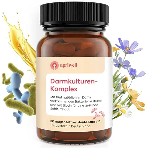Apriwell Darmkulturen-Komplex - Fructosefrei, 30 vegane Kapseln - Probiotika Lactobacillus: Hochdosierte Kombination mit 25 Milliarden lebenden Kulturen und Biotin für eine gesunde Darmschleimhaut, ideal auch bei Fructoseintoleranz.