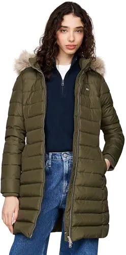 Tommy Jeans Damen Daunenmantel Essential Hooded Down Coat - Grüner Wintermantel mit abnehmbarer Kapuze und Kunstpelz, stylisch und funktional für kalte Tage