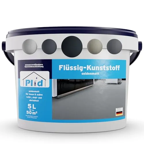 plid Bodenversiegelung Flüssigkunststoff - Wasserfeste Bodenbeschichtung in Anthrazit - Bodenbeschichtung für Innen & Außen, abriebfest und hochdeckend, ideal für Beton, Holz und Estrich. Ergiebigkeit: 10 m² pro Liter, einfache Anwendung mit Pinsel oder Rolle.