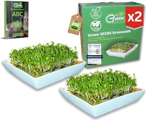 Green SEEDS® Kressesieb 2er Set [Das Original] | Edelstahlsieb mit hochwertiger Keramikschale nachhaltig verpackt | Anzuchtschale 14 x 14cm + Sprossen-ABC | Kresseschale Keimschale