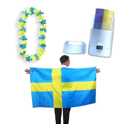Sonia Originelli Fanset Fanartikel Poncho Fahne Flagge zum Umhängen Schminkstift und Blumenkette Hawaiikette Farbe: Schweden