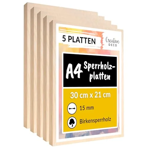 Creative Deco 5 x A4 Sperrholzplatte 15mm | Birkensperrholz für kreative Projekte - Hochwertige 5er Pack A4 Holzplatten (300 x 210 mm) für kreative Anwendungen wie Brandmalerei und Laserschnitt. Glatte Oberfläche, ideal zum Gestalten und Basteln für alle Altersgruppen.