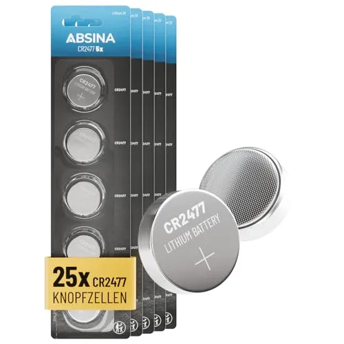 ABSINA 25X CR2477 3V Lithium Knopfzelle - Auslaufsichere Batterien mit langer Haltbarkeit - Batterien - Die ABSINA CR2477 Knopfzelle bietet zuverlässige Leistung und maximale Kapazität, ideal für Sensoren und Geräte bei extremen Temperaturen von -20°C bis +60°C.