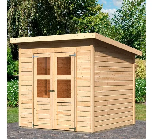 Gartenhaus KARIBU "Baggersee 3" - Beige Naturbelassen - Gartenhaus aus Fichte mit Pultdach, 10 Jahre Herstellergarantie und sicherer Doppelflügeltür. Ideal für kreative Gartenprojekte!