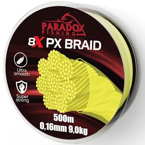 Paradox Fishing 8X PX geflochtene Angelschnur - 500M - Chartreuse Gelb - Hochwertige 8-fach geflochtene Angelschnur mit hoher Tragkraft und Abriebfestigkeit. Ideal zum Spinnfischen, ermöglicht präzise Würfe und direkten Kontakt zum Köder.