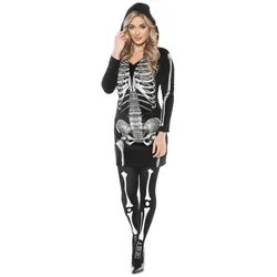 Damen Skelett Kapuzenpulli Kostüm - Damenkostüme für Halloween, stylisches Kapuzenkleid mit auffälligen Skelettgrafiken, ideal für gruselige Feiern oder Kostümpartys.