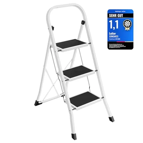 Songmics Klapptritt GSL003GY01 - Haushaltsleiter aus Stahlrohr, 3 Stufen, bis 150 kg belastbar, ideal für sicheres Arbeiten in Höhen bis 2,70 m.