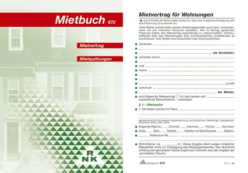 RNKVERLAG 672 - Mietbuch Wohnungsmietvertrag, 32 Seiten, 12 x 17 cm, ideal für Vermieter und Mieter zur einfachen Dokumentation
