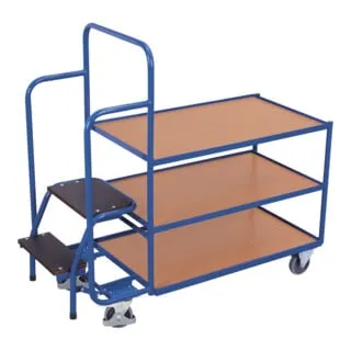 VARIOfit Kommissionierwagen sw-600.615 - Praktischer Kommissionierwagen mit 3 Etagen und einer Tragkraft von 250 kg. Ideal für effizientes Arbeiten in Lager und Betrieb, ausgestattet mit Trittstufen und robustem Design.