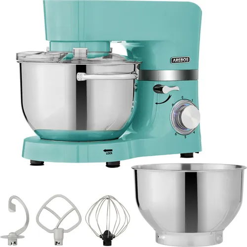 Arebos Küchenmaschine 1500W Türkis - Geräuscharm mit 2 Edelstahl-Rührschüsseln - Knet- & Rührmaschinen mit 1500W Motor, 6 Geschwindigkeiten und Planetenrührsystem für perfekte Ergebnisse. Ideal für große und kleine Mengen dank 2 Rührschüsseln.