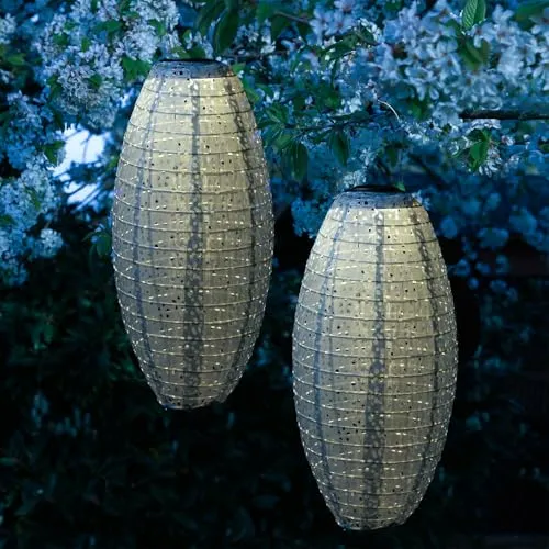 LED Solar Lampions oval - mit Blumenmuster - 2 Stück - Lampen für Garten und Balkon, zaubern romantisches warmweißes Licht und sind mit Lichtsensor ausgestattet für automatische Beleuchtung.