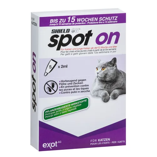 ShieldOn Spot On Floh- und Zeckenschutz für Katzen - 5 x 2ml - Ungezieferschutz: Effektiver Spot-On für Katzen, schützt zuverlässig vor Flöhen und Zecken, hergestellt in Italien.