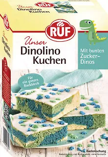 RUF Dinolino Kuchen, dreifarbiger Zitronen-Blechkuchen mit Dino-Streuseln - Streudekor & Streusel - Bunter Kuchen mit Zuckerglasur, ideal für Kindergeburtstage und Babyshower-Partys, der kleine Gäste begeistert!