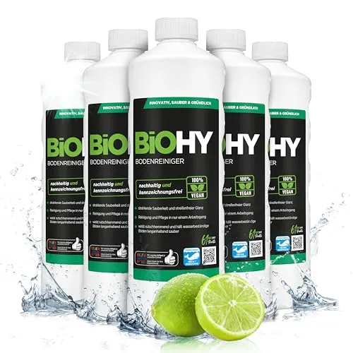 BiOHY Bodenreiniger (6 x 1 Liter) | Bio Konzentrat für alle Hartböden - Bio Bodenreiniger für Laminat, PVC & Stein, mit frischem Duft und streifenfreier Reinigung. Ideal für alle Reinigungsgeräte, schnelltrocknend und nachhaltig.