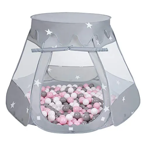 Selonis Baby Spielzelt Mit Plastikbällen Zelt 105X90cm/300 Stück Bälle Plastikkugel Kinder, Grau:Weiß/Grau/Puderrosa