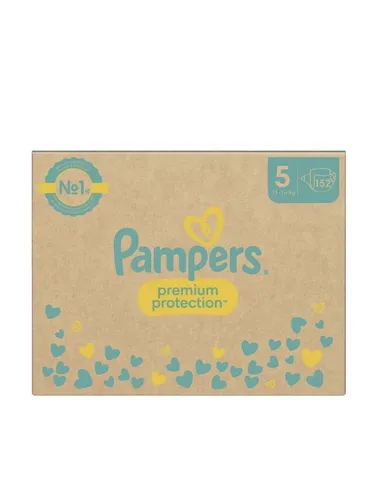 Pampers Premium Protection Größe 5 - 152 Windeln - Windeln für Babys von 11kg-16kg mit doppeltem Schutz: Sofortiges Absorbieren schützt die Haut und Stop und Schutz Täschchen verhindert Auslaufen. Dermatologisch getestet für sensible Babyhaut.