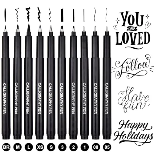 DealKits 10 Größe Kalligraphie Stifte Calligraphie Stifte Pinselstifte Schwarz Fineliner Handlettering Stifte für Schriftzug Anfänger Bullet Journal Tagebuch Unterschrift Zeichnung