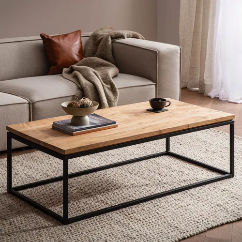 FineBuy Couchtisch 120x60 cm aus Akazie Massivholz - Beistelltisch fürs Wohnzimmer, einzigartiges Design mit natürlicher Holzmaserung und robustem Metallgestell, ideal für moderne Wohnräume.